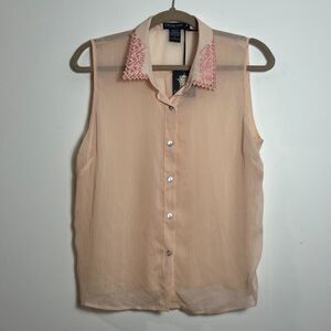 Living Doll Sheer Sleeveless Button Up Blouse Size M Embroidered Peach Tank Top